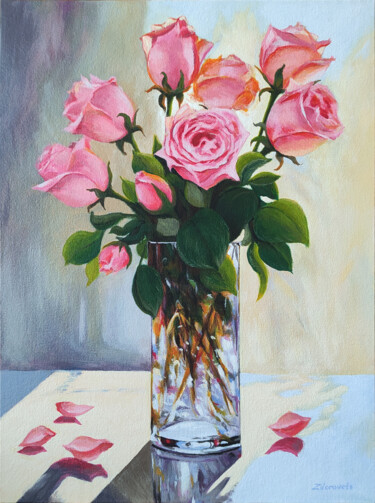 Painting titled "Pink roses in a gla…" by Olya Zdorovets, Original Artwork, Acrylic