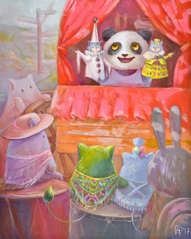 Painting titled "Panda and his Stori…" by Olya Yatsenko, Original Artwork, Oil
