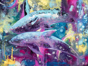 Painting titled "The dolphins’ dance" by Olya Yatsenko, Original Artwork, Oil