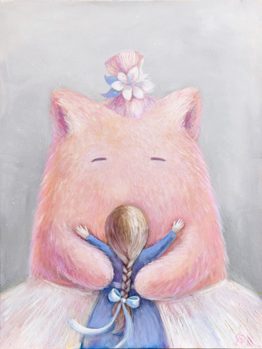 Картина под названием "Fluffy hugs" - Olya Yatsenko, Подлинное произведение искусства, Масло