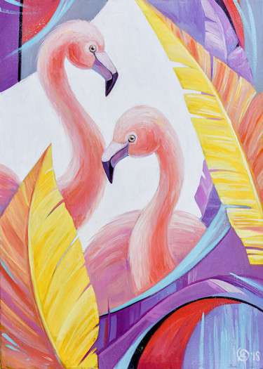 Malarstwo zatytułowany „Flamingos” autorstwa Olya Yatsenko, Oryginalna praca, Olej