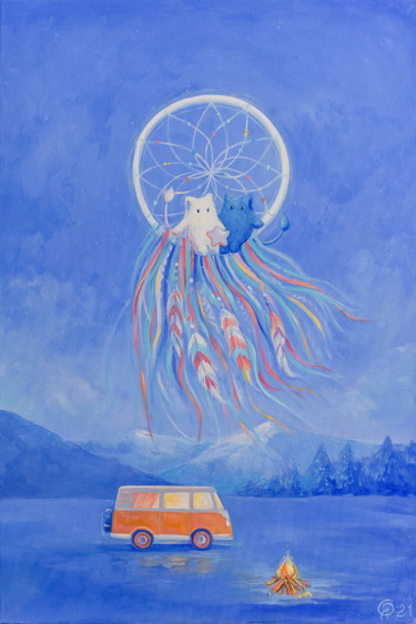Painting titled "Moon Dream Catcher" by Olya Yatsenko, Original Artwork, Oil