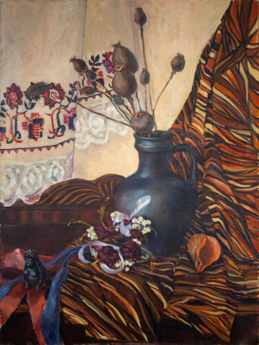 Painting titled "Still life with a b…" by Olena Madonova, Original Artwork, Oil Mounted on Wood Stretcher frame
