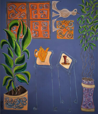 Картина под названием "Tea Garden" - Omar Yousef Alrashed, Подлинное произведение искусства, Акрил