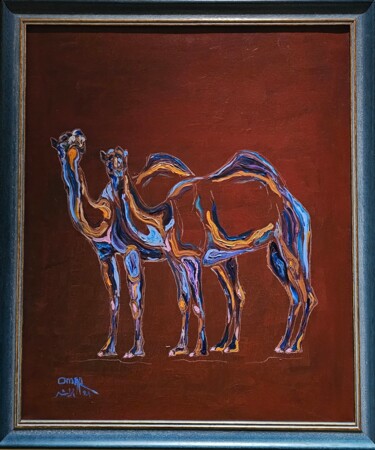Painting titled "The beauty of camels" by Omar Yousef Alrashed, Original Artwork, Acrylic Mounted on Wood Panel