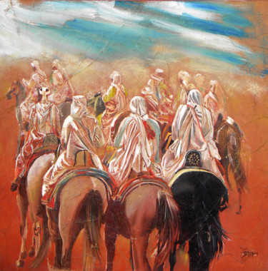 Peinture intitulée "Les cavaliers" par Omari, Œuvre d'art originale, Huile Monté sur Châssis en bois