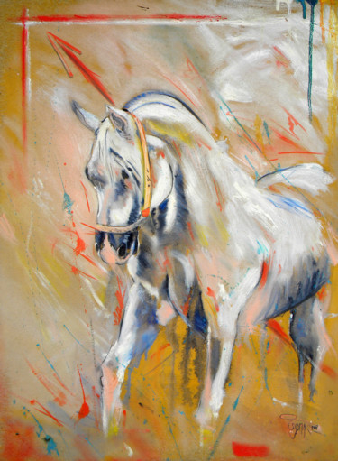 Painting titled "Cheval" by Omari, Original Artwork, Oil Mounted on Wood Stretcher frame