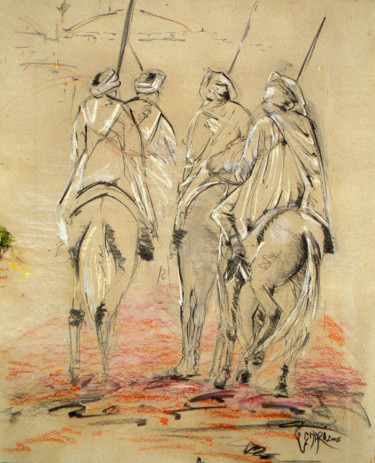 Peinture intitulée "Tbourida" par Omari, Œuvre d'art originale, Pastel Monté sur Châssis en bois