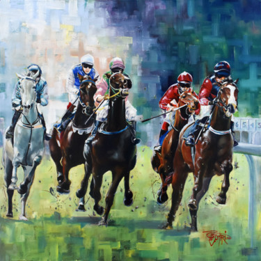 Painting titled "Course hippique" by Omari, Original Artwork, Oil Mounted on Wood Stretcher frame