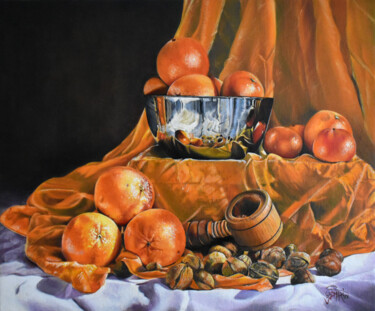 Schilderij getiteld "Bol argenté, orange…" door Omari, Origineel Kunstwerk, Olie Gemonteerd op Frame voor houten brancard
