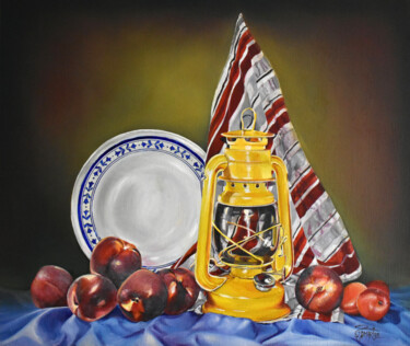 Malarstwo zatytułowany „Lampe à huile, pêch…” autorstwa Omari, Oryginalna praca, Olej Zamontowany na Drewniana rama noszy