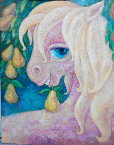 Painting titled "The horse named Luc…" by Daleka Olga, Original Artwork, Oil Mounted on Wood Stretcher frame