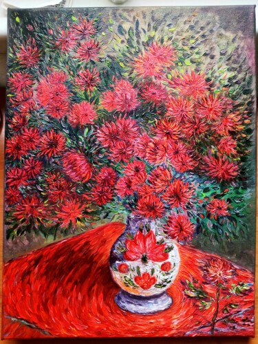 Pintura titulada "Red chrysanthemums…" por Daleka Olga, Obra de arte original, Oleo Montado en Bastidor de camilla de madera