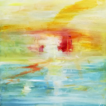 Painting titled "ENTRE CIEL ET MER 1" by Isabelle Nivet, Original Artwork, Oil Mounted on Wood Stretcher frame