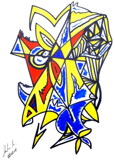 Dessin intitulée "Abstrakt Gelb Blau" par Omsurya Sandra Inti Ruphay, Œuvre d'art originale, Marqueur