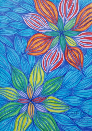Disegno intitolato "Peace Flower Garden" da Omsurya Sandra Inti Ruphay, Opera d'arte originale, Pennarello