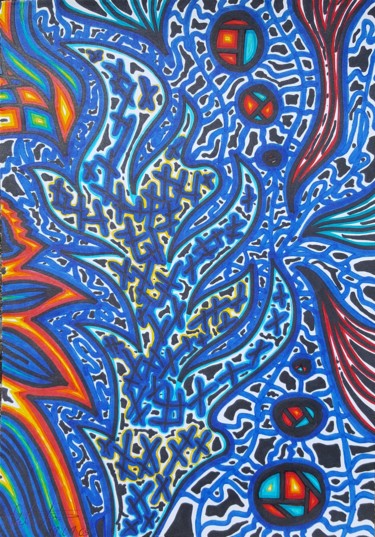 Drawing titled "Magic Blue Forrest" by Omsurya Sandra Inti Ruphay, Original Artwork