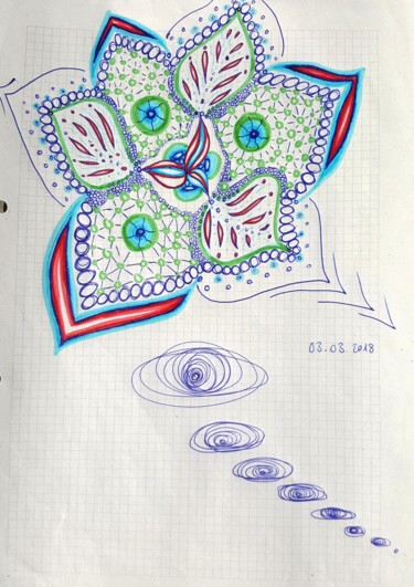 Рисунок под названием "Flower Party UFO" - Omsurya Sandra Inti Ruphay, Подлинное произведение искусства, Шариковая ручка