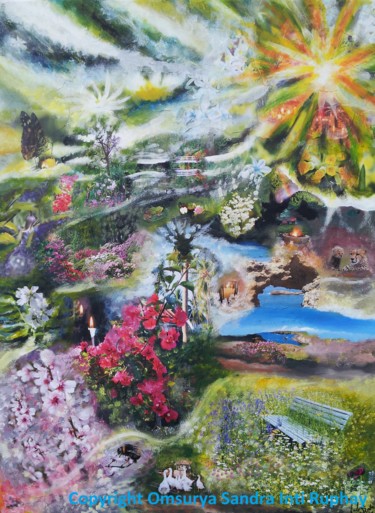 Malerei mit dem Titel "BRUECKEN ZUM LICHT…" von Omsurya Sandra Inti Ruphay, Original-Kunstwerk, Collagen