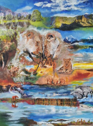 Картина под названием "LÖWE LIEBT WASSERMA…" - Omsurya Sandra Inti Ruphay, Подлинное произведение искусства, Акрил