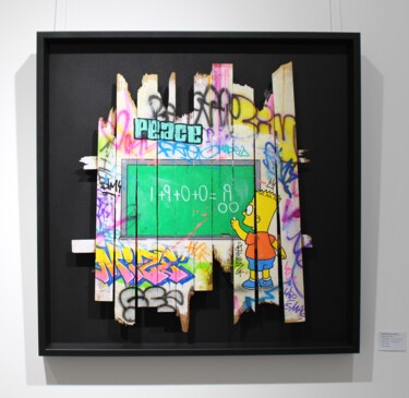 Schilderij getiteld "Bart fait des maths" door Onemizer, Origineel Kunstwerk, Graffiti Gemonteerd op Frame voor houten branc…