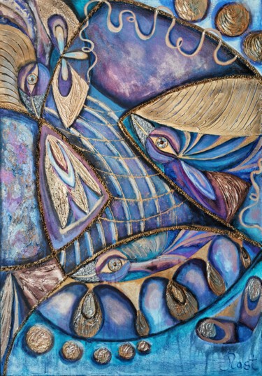 Painting titled ""EITHER FISH OR BIR…" by Anastasia Lesyuk, Original Artwork, Acrylic Mounted on Wood Stretcher frame