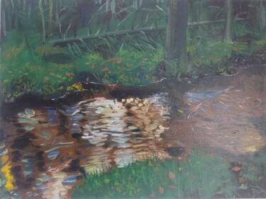 Картина под названием "Ручей в лесу" - Георгий Поляков, Подлинное произведение искусства, Масло Установлен на Деревянная рам…