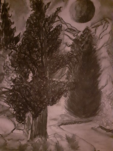 Dessin intitulée "Paysage nocturne" par Minnie House, Œuvre d'art originale, Crayon