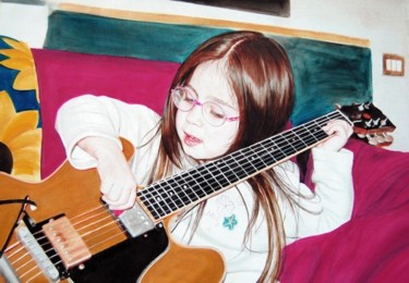 Painting titled "first guitar lesson" by Paola Angelotti, Original Artwork, Oil