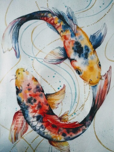 Картина под названием "Golden carp" - Oplyart Pavlova, Подлинное произведение искусства, Акварель