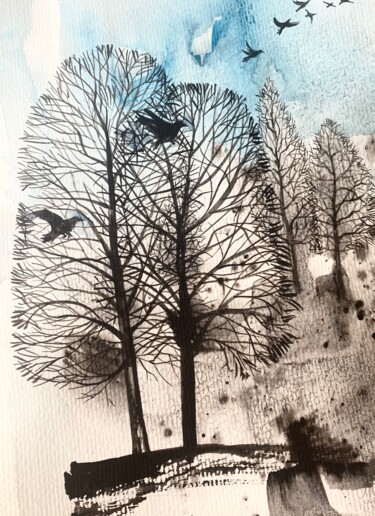 Картина под названием "Black trees" - Oplyart Pavlova, Подлинное произведение искусства, Акварель