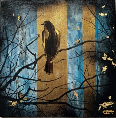 Malerei mit dem Titel "Raven on the branch" von Oplyart Pavlova, Original-Kunstwerk, Acryl