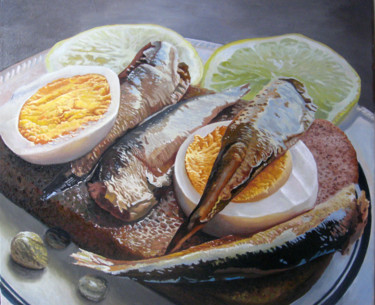 Malerei mit dem Titel "Бутерброт со шпрота…" von Aleksei Stepankov, Original-Kunstwerk, Öl