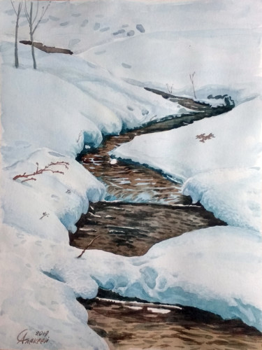 Painting titled "Ручей зимой" by Aleksei Stepankov, Original Artwork, Watercolor