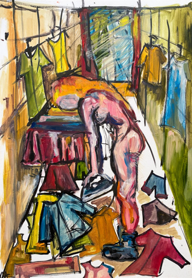 Painting titled "Ironing Lieutenant" by Sasha Neschastnova, Original Artwork, Oil