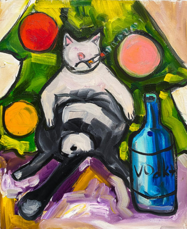 Картина под названием "New year cat" - Sasha Neschastnova, Подлинное произведение искусства, Масло