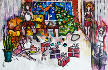 Painting titled "Family New Year" by Sasha Neschastnova, Original Artwork, Oil