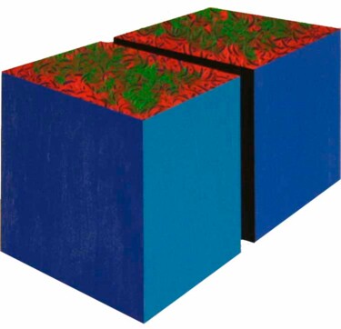 Скульптура под названием "Twin cubes- blue" - Opy Zouni, Подлинное произведение искусства, Дерево