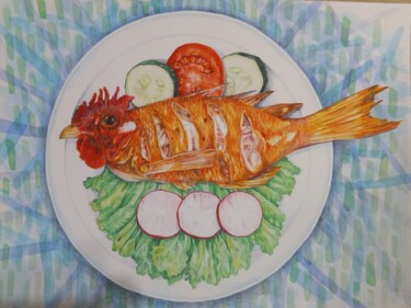 Painting titled "chicken for fish" by Orestes Barrios Maranon, Original Artwork, Watercolor