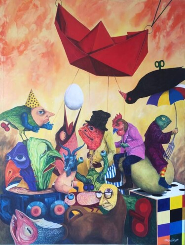 Painting titled "The pinata party" by Orestes Barrios Maranon, Original Artwork, Acrylic
