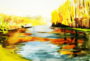 Malerei mit dem Titel "La Seine à Melun" von Orest Hrytsak, Original-Kunstwerk, Aquarell