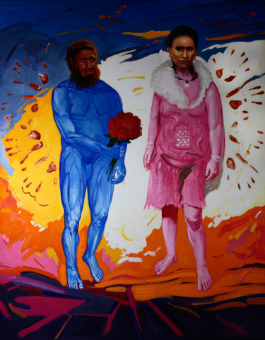 Painting titled "Spirou et Cro-Magnon" by Orest Hrytsak, Original Artwork, Acrylic Mounted on Wood Stretcher frame