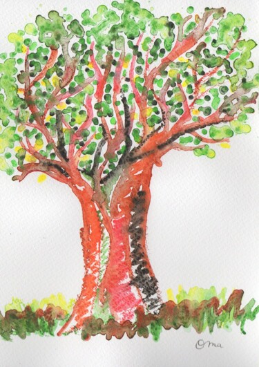 Painting titled "(sans titre - arbre)" by O.M.A., Original Artwork, Watercolor Mounted on Cardboard