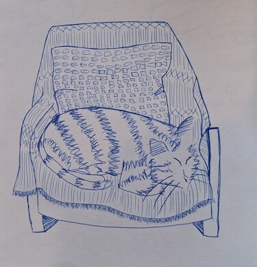 Drawing titled "Gros chat" by O.M.A., Original Artwork, Ballpoint pen
