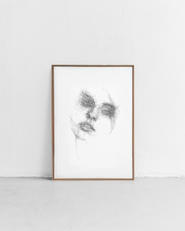 Drawing titled "Scribble Face #15" by Oriane Audebert, Original Artwork, Ballpoint pen Mounted on Wood Stretcher frame