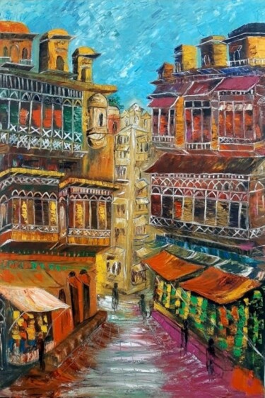 Painting titled "Streets of Lahore" by Oriental Empyrean - The Art Gallery, Original Artwork, Oil