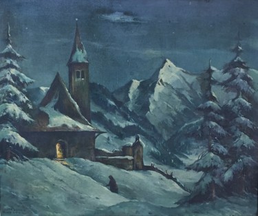 绘画 标题为“Eglise en montagne” 由Cabinet De Curiosités Artistiques, 原创艺术品, 油 安装在木质担架架上