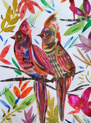 Schilderij getiteld "Couple oiseaux" door Céline Marcoz, Origineel Kunstwerk, Aquarel