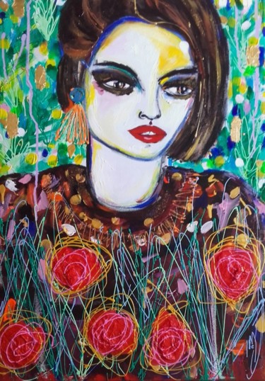 Peinture intitulée "Femme Portrait Fleu…" par Céline Marcoz, Œuvre d'art originale, Acrylique