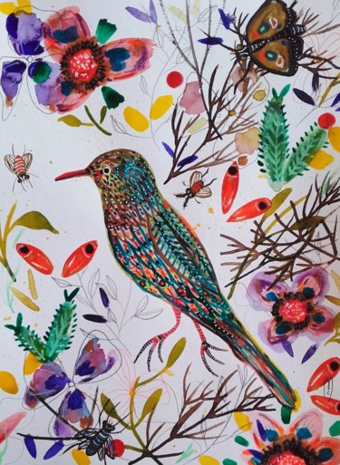 Pittura intitolato "Oiseau Fleurs Aquar…" da Céline Marcoz, Opera d'arte originale, Acquarello